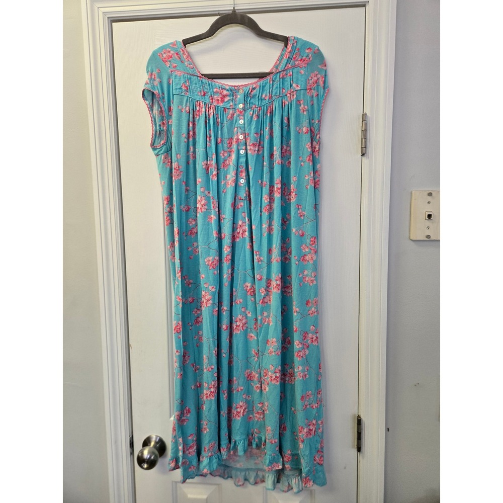 Eileen West Floral Nightgown Small Blue Pink Cherry Blossom Modal Ruffle Hem